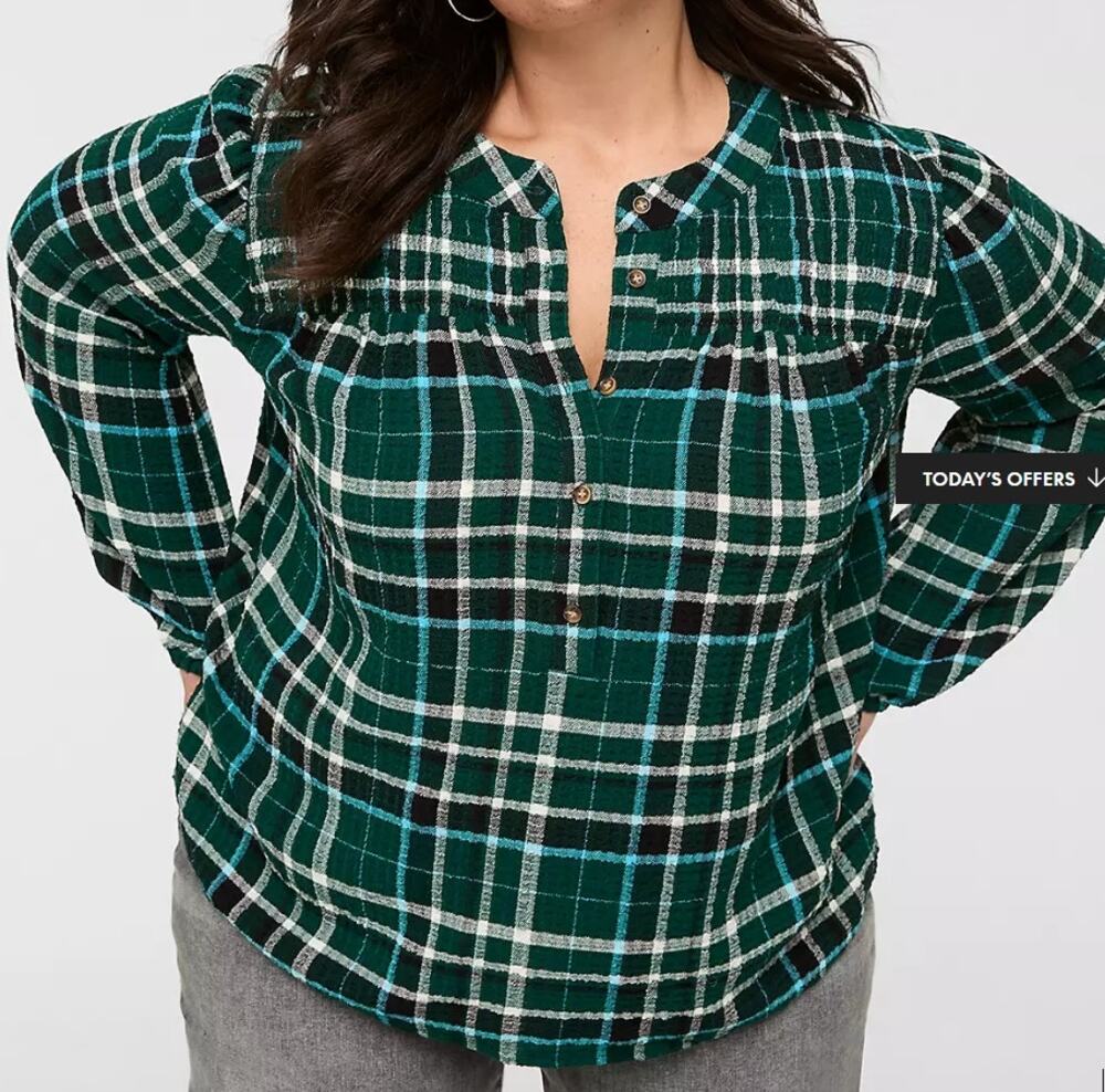 Lane Bryant Green Plaid Crinkle Popover Top Women's Plus Size 14 w/ Spandex
